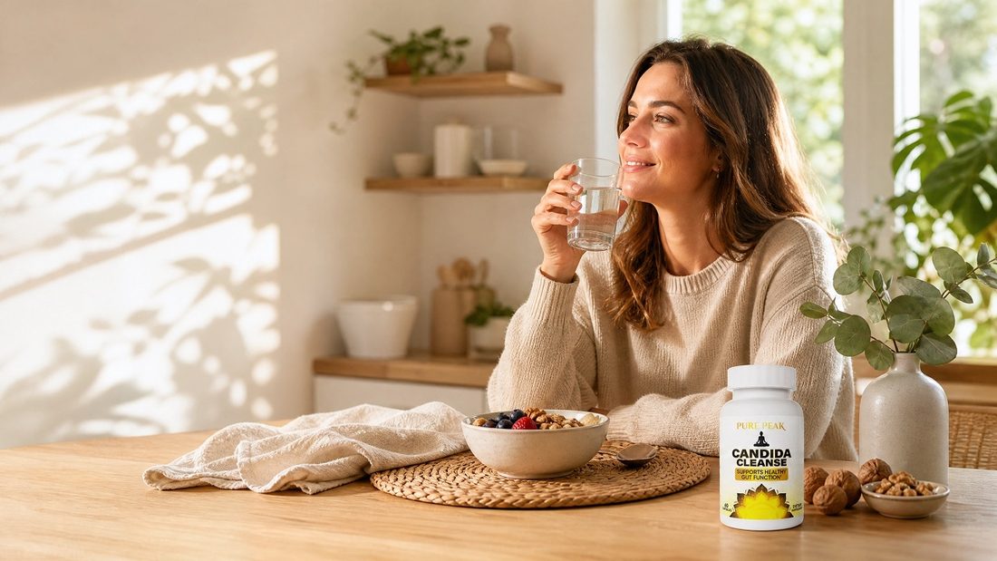 Woman at home with a bottle of Pure Peak Candida Cleanse